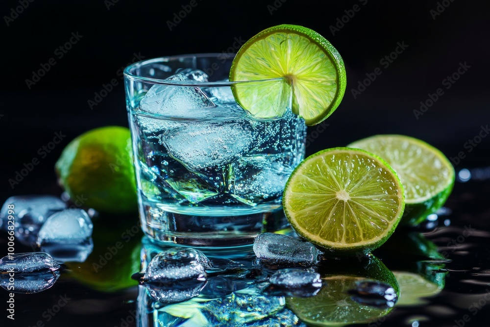 Fototapeta premium Refreshing lime cocktail with ice cubes and slices on a reflective surface