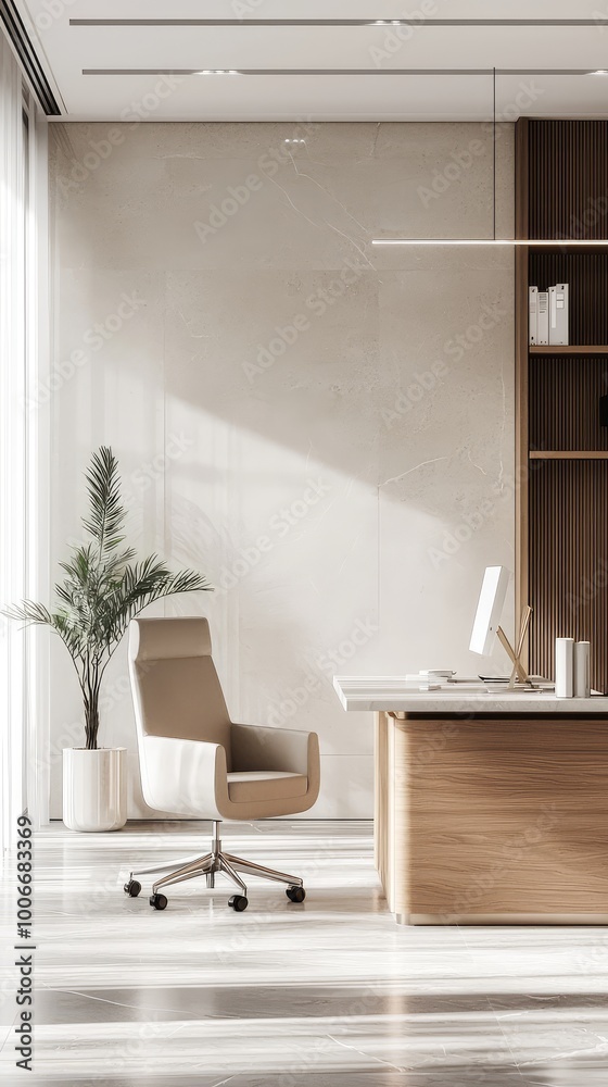 Modern office interior featuring a sleek desk, ergonomic chair, and minimalist decor, perfect for a productive workspace. Modern office interior featuring a sleek desk, ergonomic chair, and minimalist decor, perfect for a productive workspace.