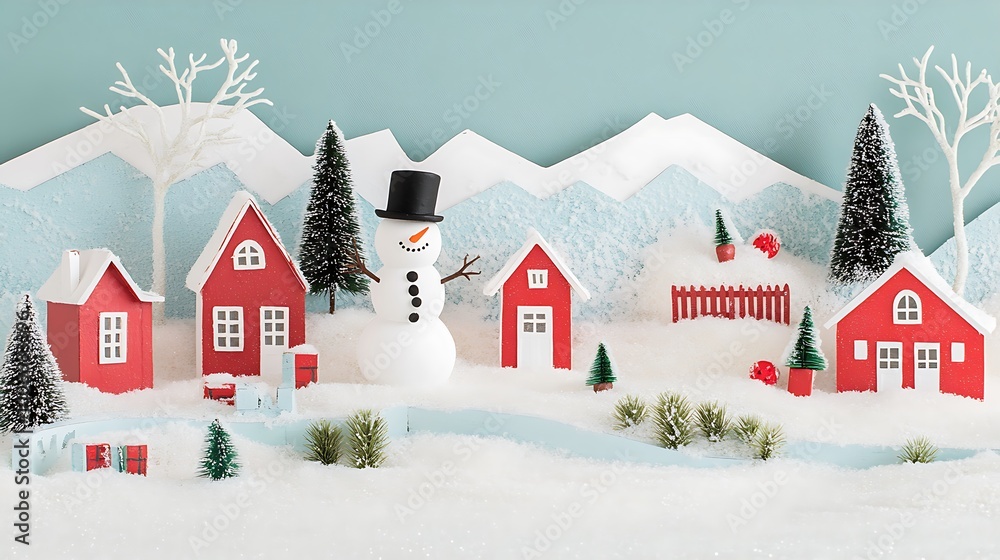 Fototapeta premium Charming Winter Wonderland Scene with a Snowman and Red Houses Surrounded by Falling Snowflakes