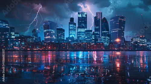 Wallpaper Mural Dramatic Lightning Over a Modern City Skyline at Night with Reflections. A Stunning View of Urban Life Under Stormy Weather. Torontodigital.ca
