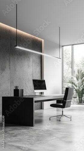 Modern office interior featuring minimalist design, sleek furniture, and large windows for natural light.