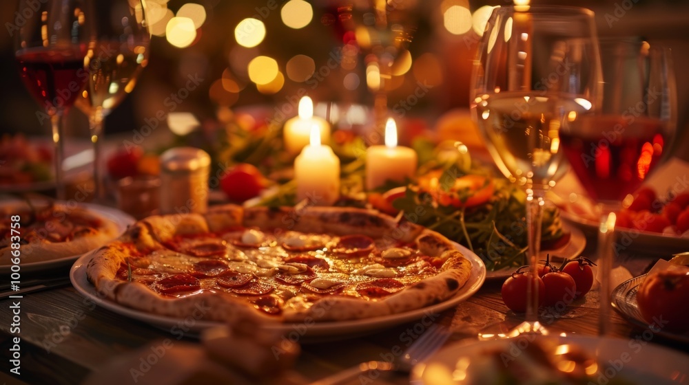 Delicious pizza with candles and wine set for a cozy dinner party ambiance Delicious pizza with candles and wine set for a cozy dinner party ambiance
