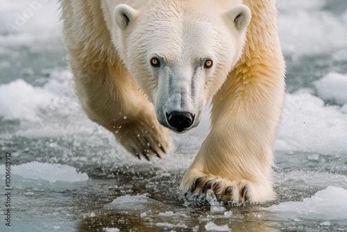 Majestic polar bear stalking across icy terrain in the arctic wilderness