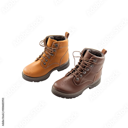 Brown and Tan Leather Boots Isolated on White Background