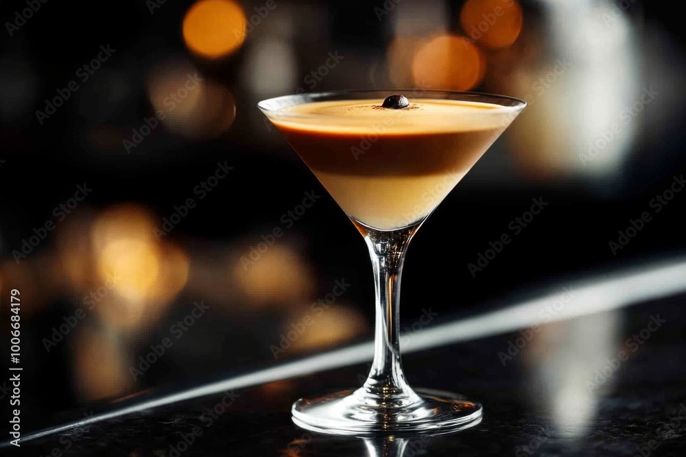 Elegant espresso martini in crystal glass with rich creamy layers on dark background Elegant espresso martini in crystal glass with rich creamy layers on dark background