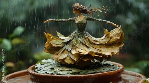ballerina made of leaves dances in the forest, points to the fragility of the environment