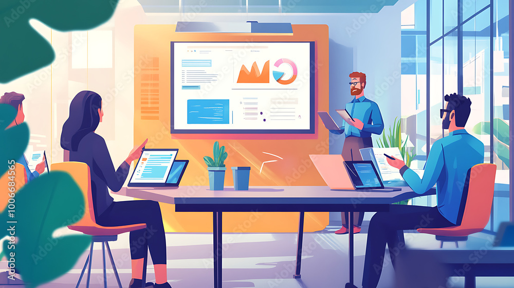 A casual team meeting in a coworking space, with people discussing business strategies, taking notes, and using digital devices, while a large screen displays their marketing plan A casual team meeting in a coworking space, with people discussing business strategies, taking notes, and using digital devices, while a large screen displays their marketing plan