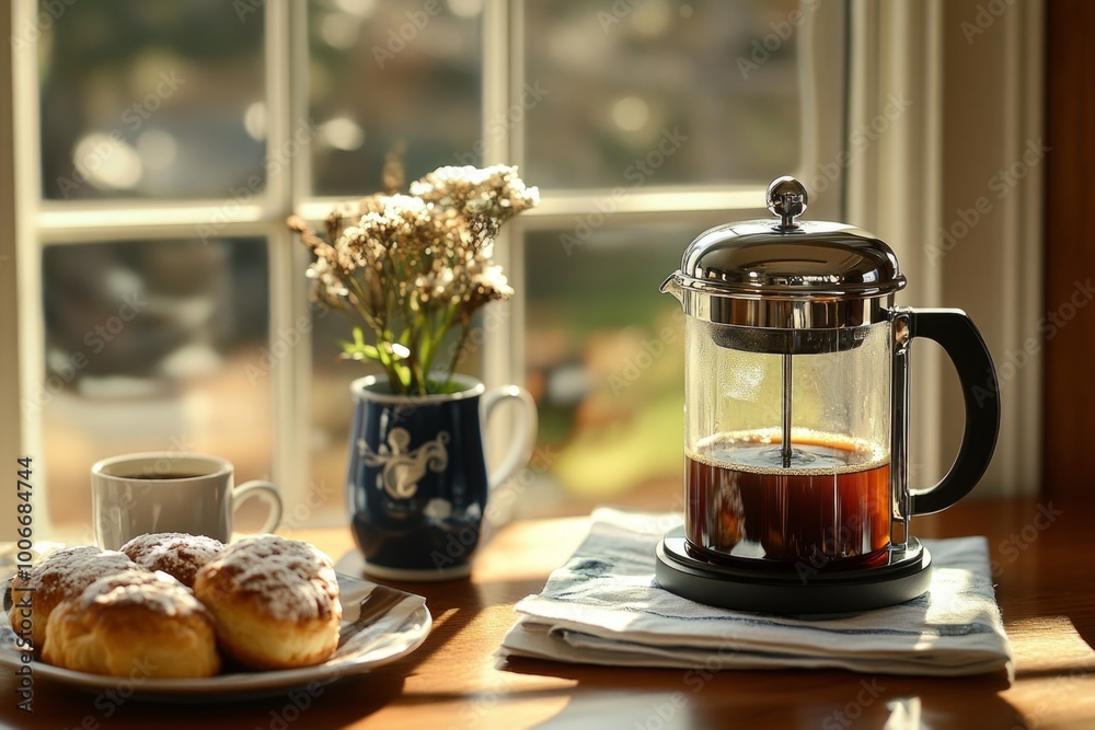 Cozy morning with french press coffee, fresh pastries, and flowers by the window Cozy morning with french press coffee, fresh pastries, and flowers by the window