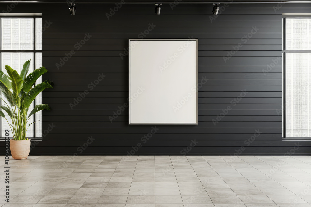 Contemporary Art Space, sleek black-clad walls, polished tiled concrete floor, minimalist design, ideal for showcasing modern artworks Contemporary Art Space, sleek black-clad walls, polished tiled concrete floor, minimalist design, ideal for showcasing modern artworks