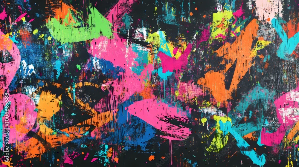 Explosive mix of colors and dynamic brush strokes create a vibrant, chaotic yet captivating urban graffiti art piece. Explosive mix of colors and dynamic brush strokes create a vibrant, chaotic yet captivating urban graffiti art piece.
