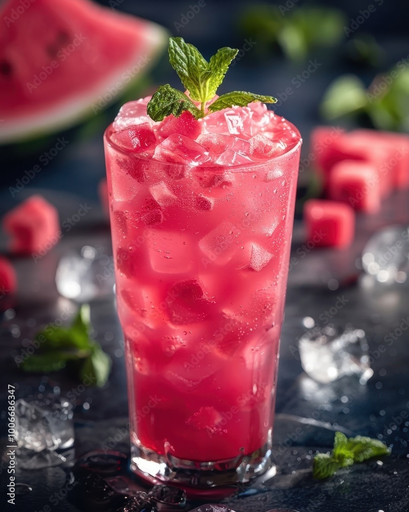 A refreshing watermelon drink garnished with mint, served in a tall glass filled with ice, perfect for summer parties, food blogs, or recipe books, This vibrant image showcases coolness and flavor, A refreshing watermelon drink garnished with mint, served in a tall glass filled with ice, perfect for summer parties, food blogs, or recipe books, This vibrant image showcases coolness and flavor,
