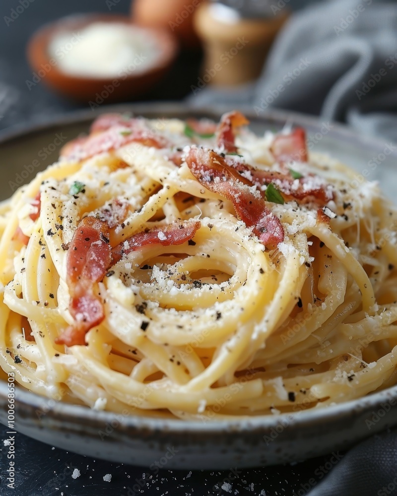 A delicious plate of creamy spaghetti carbonara topped with crispy bacon and sprinkled with black pepper and cheese, perfect for culinary blogs, menus, and recipe books, A delicious plate of creamy spaghetti carbonara topped with crispy bacon and sprinkled with black pepper and cheese, perfect for culinary blogs, menus, and recipe books,