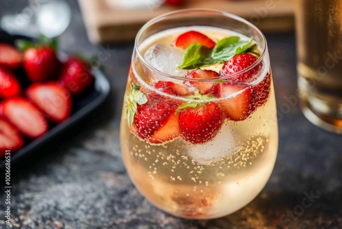 Refreshing strawberry spritzer with ice and mint - perfect summer beverage