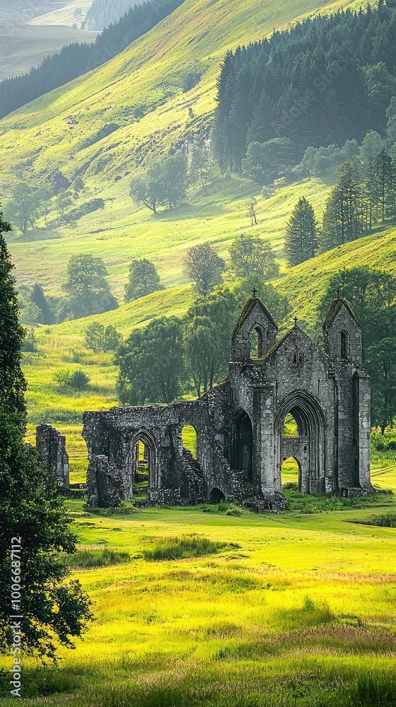 Scenic view of ancient ruins nestled in lush green hills, showcasing nature's beauty and historical architecture in harmony. Scenic view of ancient ruins nestled in lush green hills, showcasing nature's beauty and historical architecture in harmony.