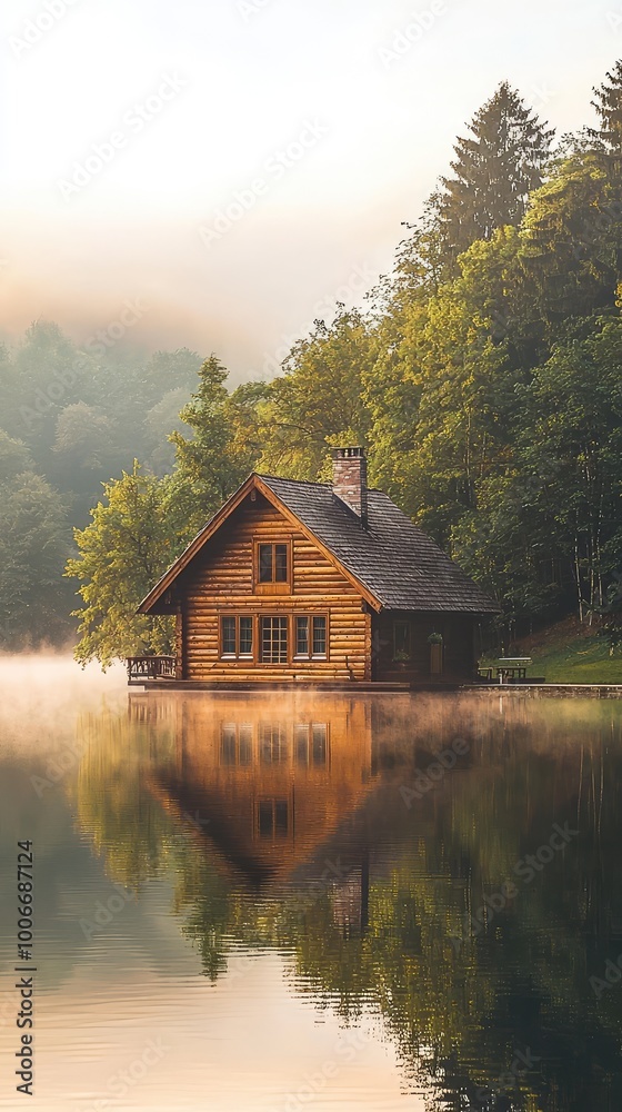 Fototapeta premium Scenic wooden house by a tranquil lake, surrounded by lush trees in a dreamy morning mist, perfect for nature lovers.