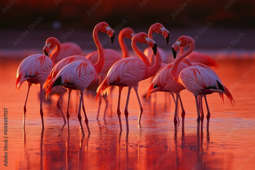 Obraz premium Vibrant flamingos wading in sunset-lit lagoon