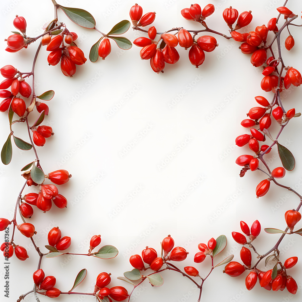 Goji berries framed by delicate liana branches, showcasing their vibrant red color and unique shapes against a neutral background Goji berries framed by delicate liana branches, showcasing their vibrant red color and unique shapes against a neutral background