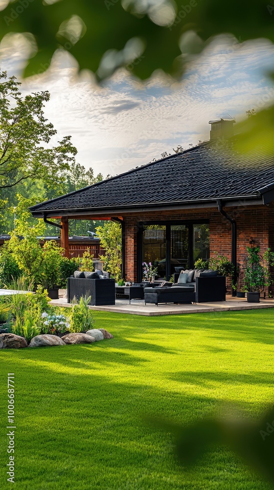 Serene garden view featuring a modern home and lush green lawn, perfect for outdoor relaxation and enjoyment. Serene garden view featuring a modern home and lush green lawn, perfect for outdoor relaxation and enjoyment.
