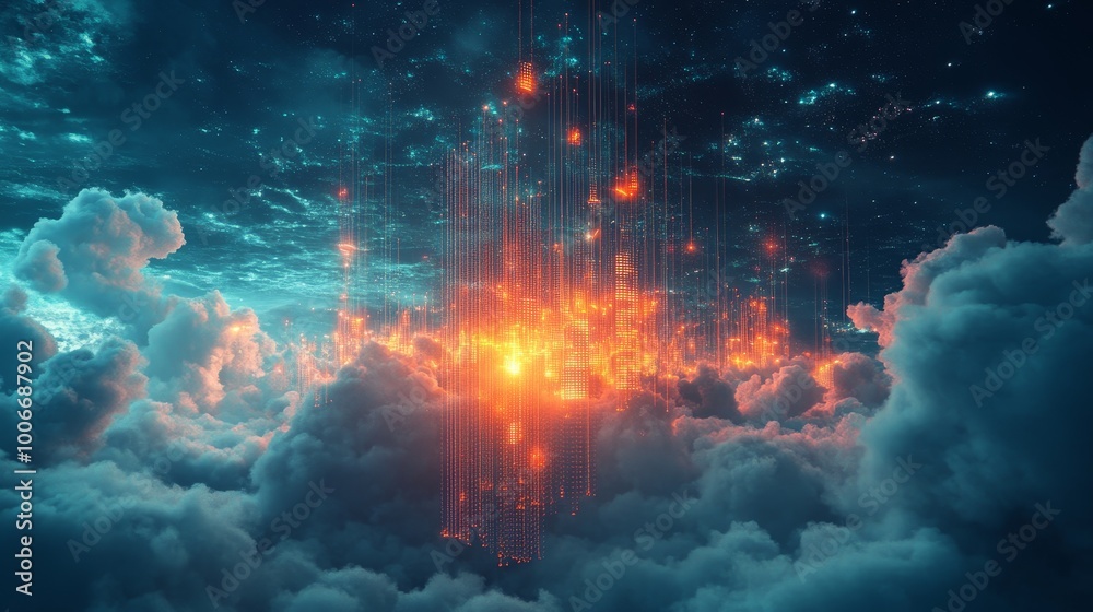 Glowing orange lights gleam in a futuristic city skyline set within a dreamy, cloud-filled twilight sky. Glowing orange lights gleam in a futuristic city skyline set within a dreamy, cloud-filled twilight sky.