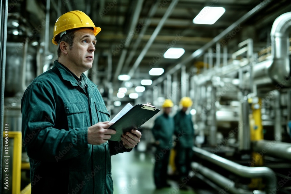 Industrial engineer conducting safety inspection in a busy manufacturing plant Industrial engineer conducting safety inspection in a busy manufacturing plant