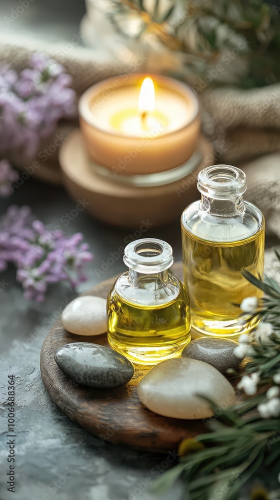 Serene setting with essential oils, candles, and stones, perfect for relaxation or spa themes.