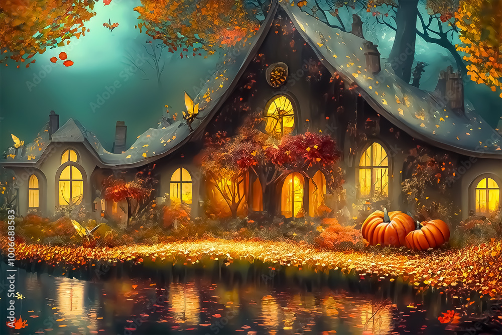 Fototapeta premium A forest house with autumn leaves and orange pumpkins