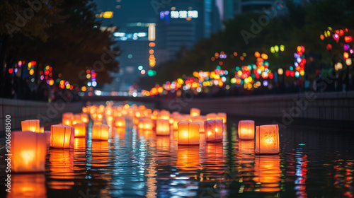 Seoul Lantern Festival in South Korea, illuminated lanterns floating along Cheonggyecheon Stream at night, Ai generated images photo