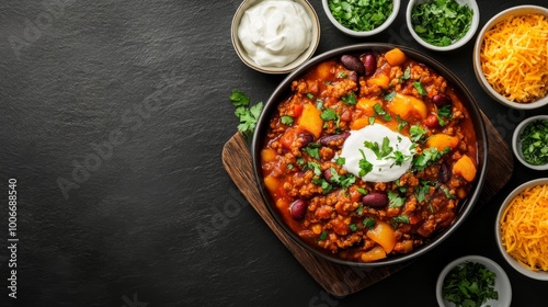 Enjoy a hearty bowl of homemade chili con carne, served with toppings of grated cheese, herbs, and sour cream, all set against a striking dark backdrop