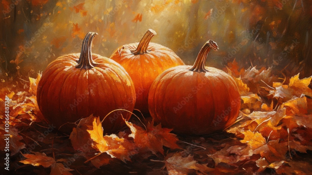 Pumpkins in an autumn harvest scene, golden leaves surrounding them, bathed in soft sunlight, celebrating the beauty of the season Pumpkins in an autumn harvest scene, golden leaves surrounding them, bathed in soft sunlight, celebrating the beauty of the season