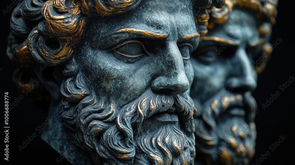Close-up of two detailed ancient bronze sculptures with beards. Close-up of two detailed ancient bronze sculptures with beards.