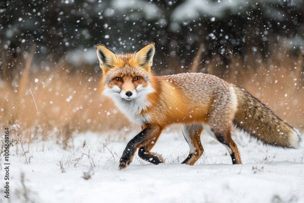 Fototapeta premium Majestic red fox prowling through snowy winter landscape