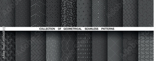 Geometric set of seamless black and gray patterns. Simple vector graphics
