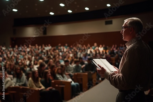 Speaker addressing a large audience in a dimly lit lecture hall