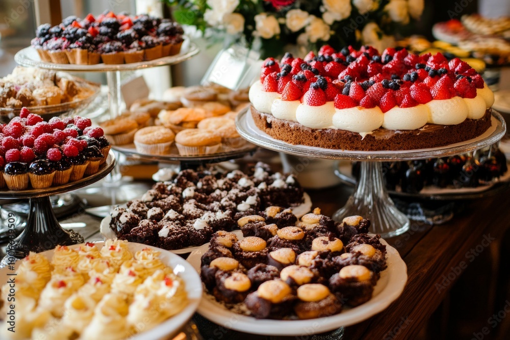 Assorted dessert buffet featuring strawberry cake and gourmet pastries Assorted dessert buffet featuring strawberry cake and gourmet pastries