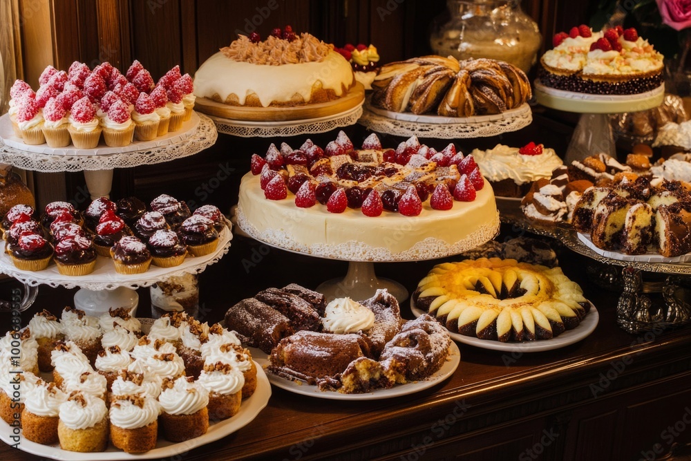Assortment of exquisite pastries and cakes on elegant display Assortment of exquisite pastries and cakes on elegant display