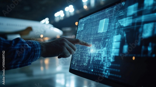 Close-up of a logistics specialist using an advanced air freight tracking software, with a focus on real-time data and shipment statuses photo