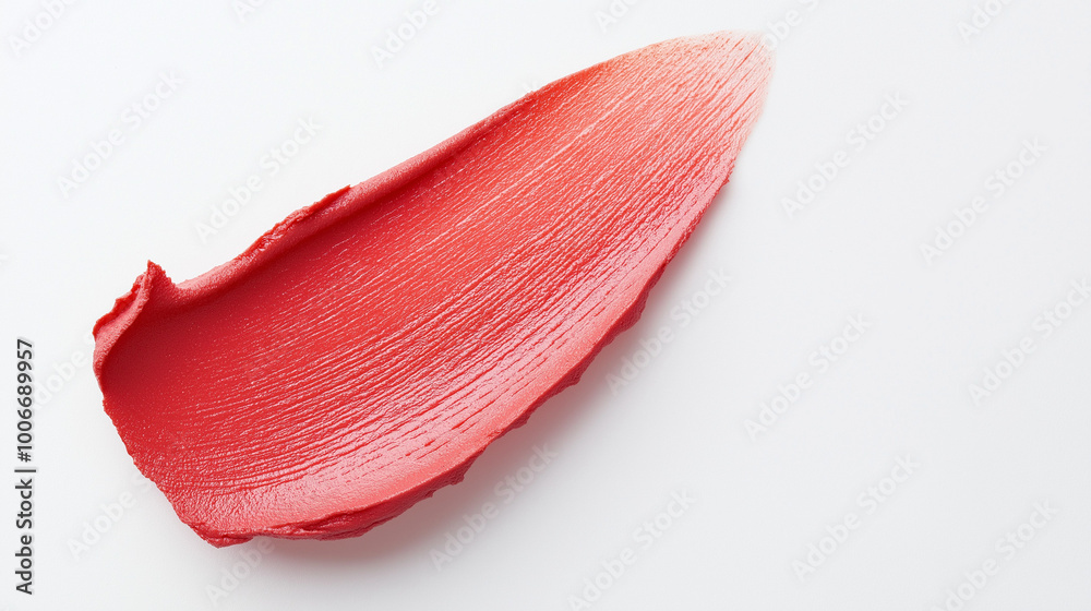 a single, elegant swatch of sunset coral lipstick on white background, with soft color gradients and subtle sheen to highlight the texture and glossiness of lip makeup