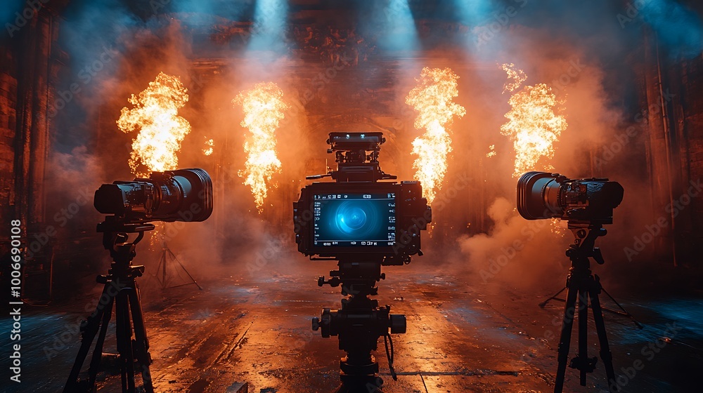 Fototapeta premium Camera Setup on a Stage with Fire and Smoke Special Effects