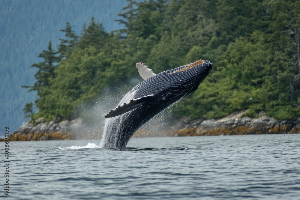 Fototapeta premium Majestic humpback whale breaching near lush forest coastline