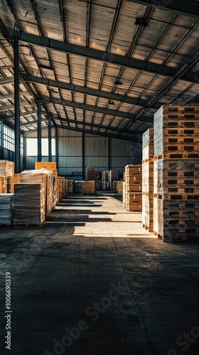 Wallpaper Mural Spacious warehouse interior filled with wooden pallets in a well-lit industrial setting, showcasing organized storage solutions. Torontodigital.ca