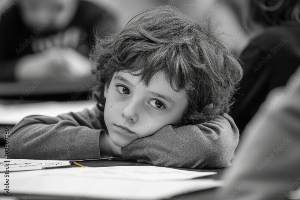 Thoughtful child daydreaming in classroom setting Thoughtful child daydreaming in classroom setting