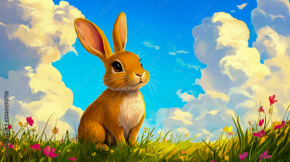 Illustration of a cute Rabbit standing on a meadow with clouds in the background.