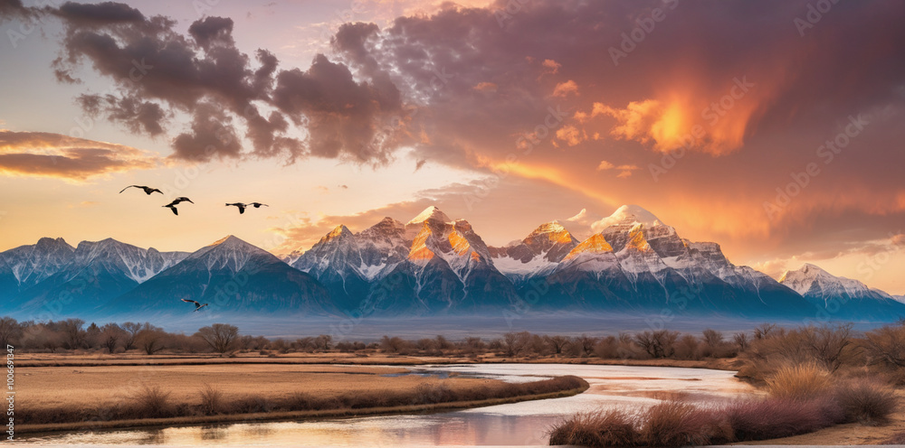 Fototapeta premium Majestic Mountain Landscape at Sunset with Flying Birds