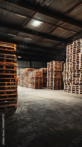 Stock photo of a spacious warehouse filled with stacked wooden pallets, showcasing an organized storage environment. photo