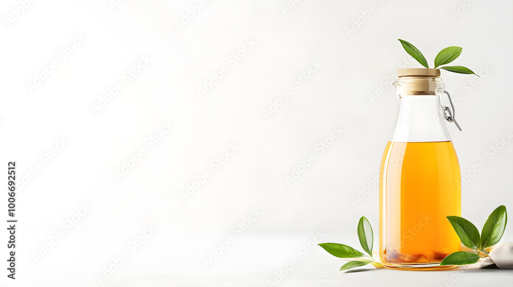 Kombucha bottle with tea leaves brewing process element Kombucha bottle with tea leaves brewing process element