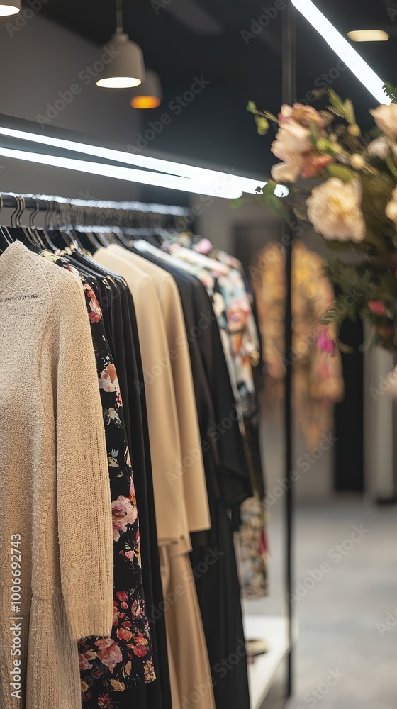 Fototapeta premium Stylish clothing on hangers in a modern boutique, featuring vibrant patterns and elegant designs in a well-lit environment.