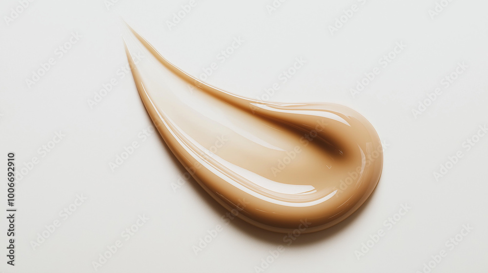 a single, elegant teardrop-shaped swatch of light beige liquid foundation, angled from the bottom left to the upper right on a white background a single, elegant teardrop-shaped swatch of light beige liquid foundation, angled from the bottom left to the upper right on a white background