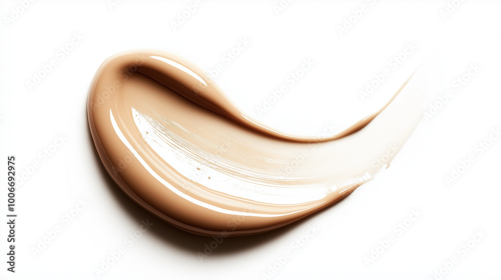 a single, elegant teardrop-shaped swatch of light beige liquid foundation, angled from the bottom left to the upper right on a white background a single, elegant teardrop-shaped swatch of light beige liquid foundation, angled from the bottom left to the upper right on a white background