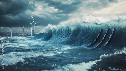 Marine and ocean energy: pictures of tidal energy, wave energy projects, and ocean thermal energy conversion. Tidal Wave. Illustration photo