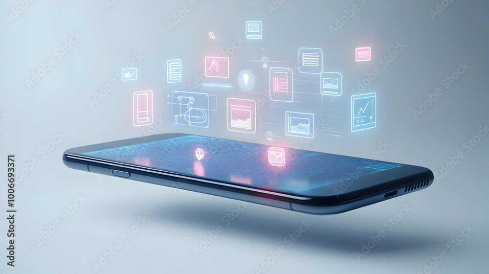 3D Smartphone Levitating Above White Surface with Holographic Compliance & Decision-Making Icons for Business Responsibility 3D Smartphone Levitating Above White Surface with Holographic Compliance & Decision-Making Icons for Business Responsibility